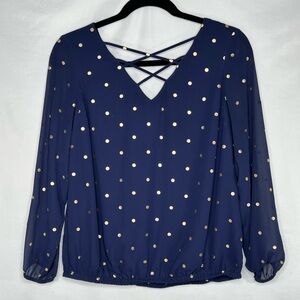 Navy Blue‎ Blouse Metallic Gold Polka Dot Women's Top Chiffon Lattice  Sz 1X